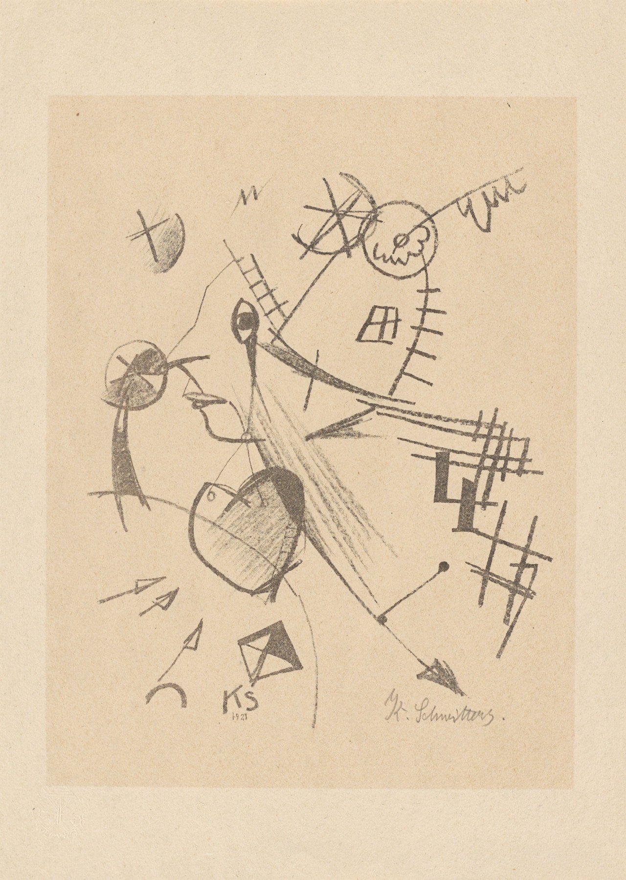 Auf diesem Bild ist das folgende Kunstwerk zu sehen: Kurt Schwitters. „Komposition mit Kopf im Linksprofil“. 1921.