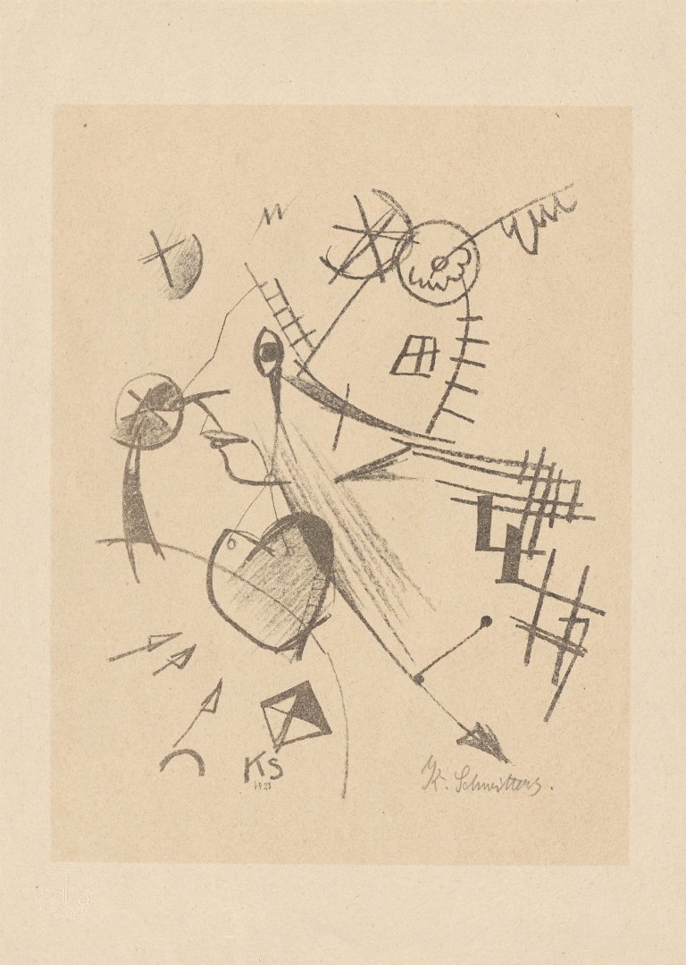 Auf diesem Bild ist das folgende Kunstwerk zu sehen: Kurt Schwitters. „Komposition mit Kopf im Linksprofil“. 1921.