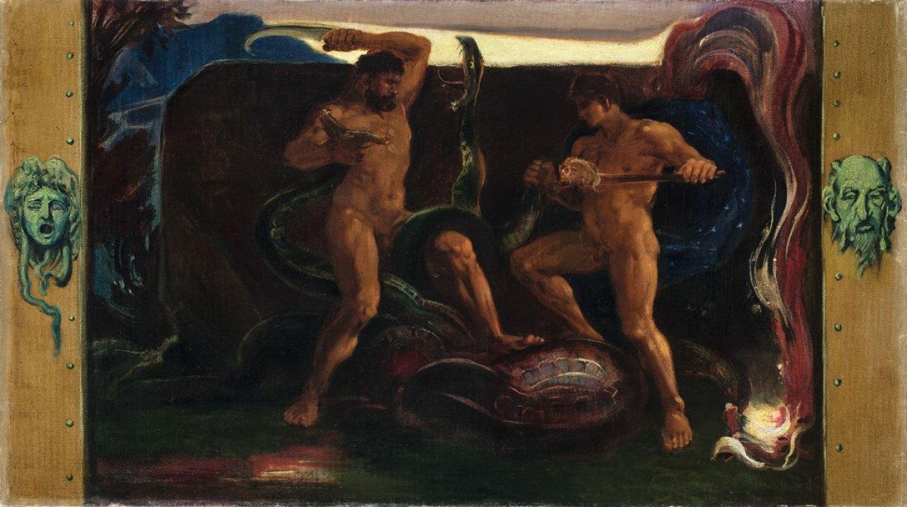 Auf diesem Bild ist das folgende Kunstwerk zu sehen: Friedrich Ernst Wolfrom. Herakles und Iolalos im Kampf mit der Hydra. 1899.
