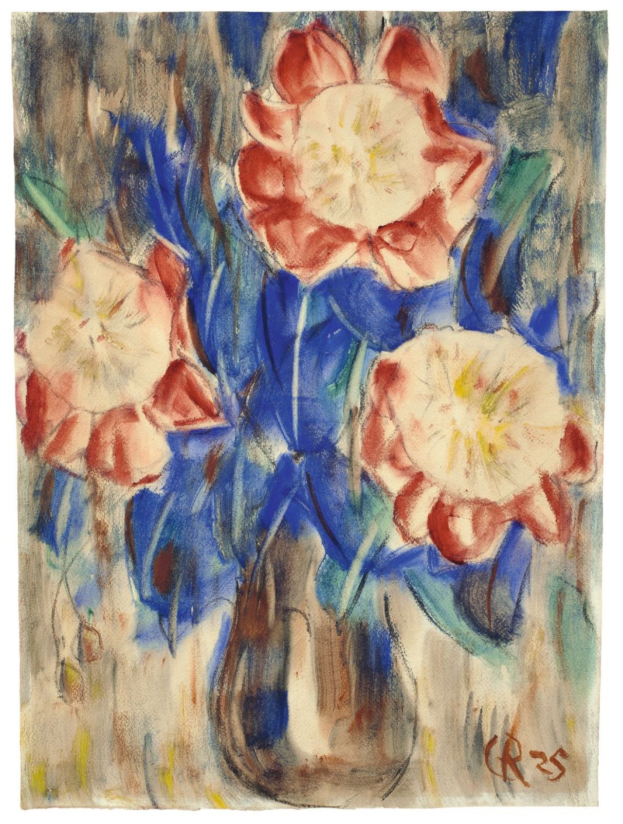 Auf diesem Bild ist das folgende Kunstwerk zu sehen: Christian Rohlfs. „Rote und blaue Blüten in Vase“. 1925.
