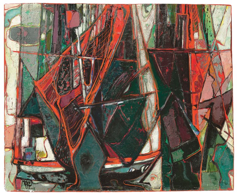Auf diesem Bild ist das folgende Kunstwerk zu sehen: Max Kaus. „Fischerboote auf Amrum“. 1952.