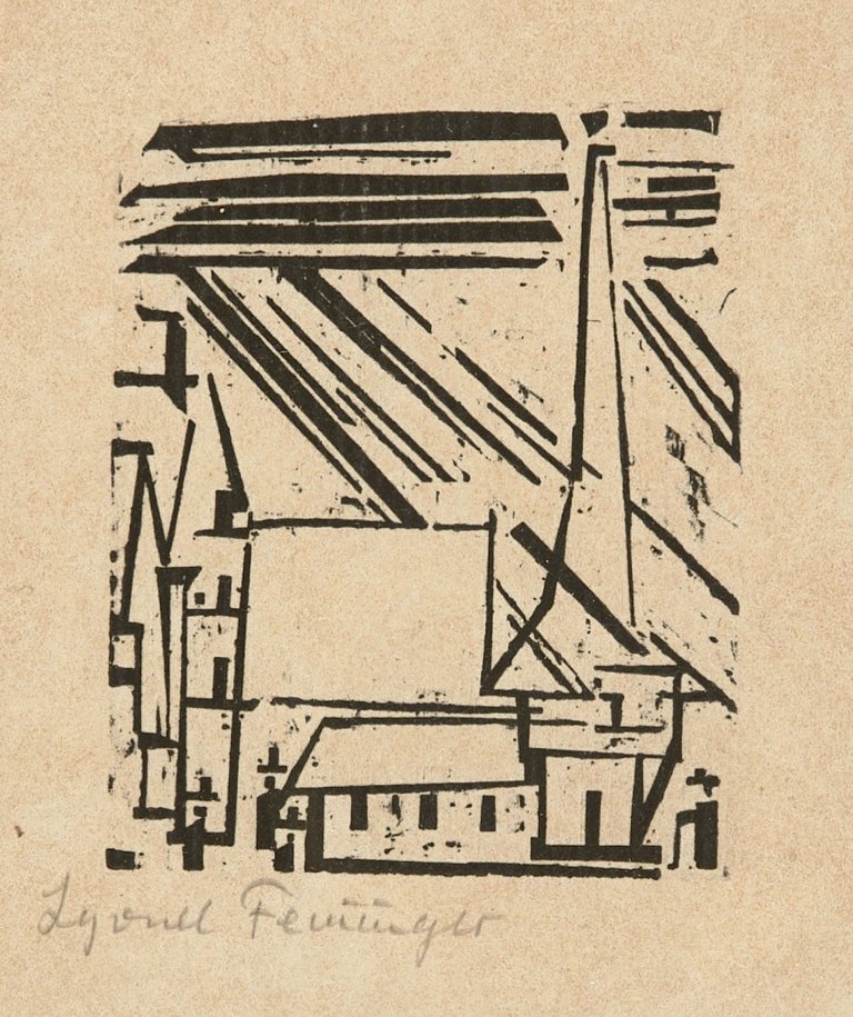 Auf diesem Bild ist das folgende Kunstwerk zu sehen: Lyonel Feininger. „Gelmeroda Kirche und Häuser“. 1918.