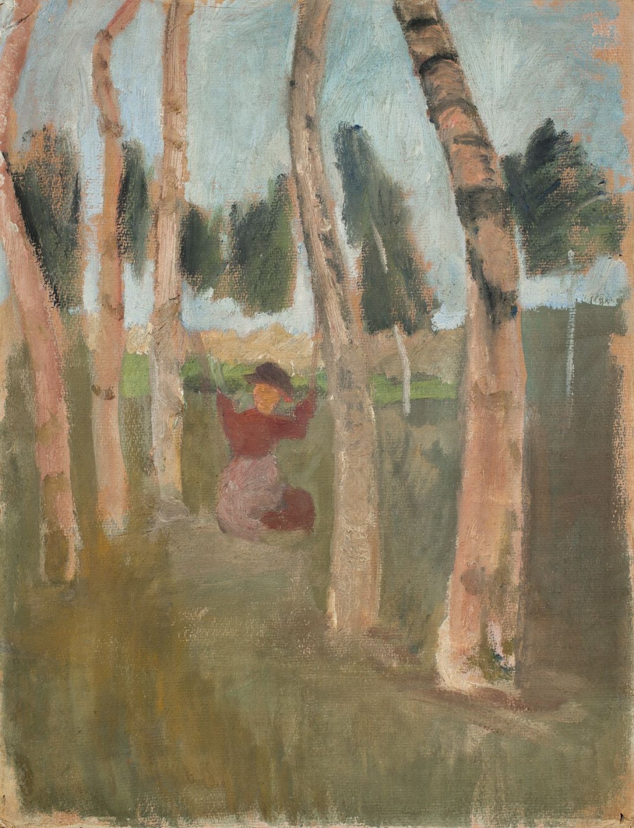 This picture shows the following artwork: Paula Modersohn-Becker. „Birkenstämme mit schaukelndem Kind“. Circa 1903.