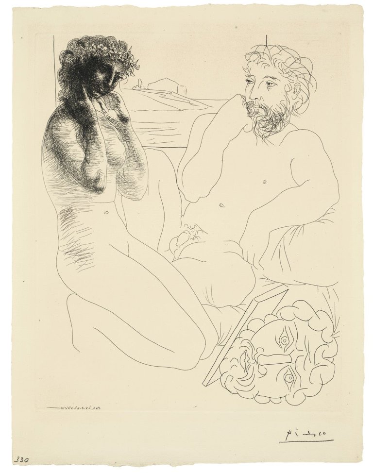 Auf diesem Bild ist das folgende Kunstwerk zu sehen: Pablo Picasso. „Sculpteur et modèle se regardant dans un miroir calé sur un autoportrait sculpté“. 1933.