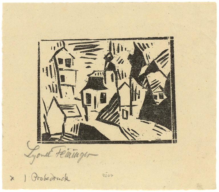 Auf diesem Bild ist das folgende Kunstwerk zu sehen: Lyonel Feininger. „Häuser und Kirche“. 1921.