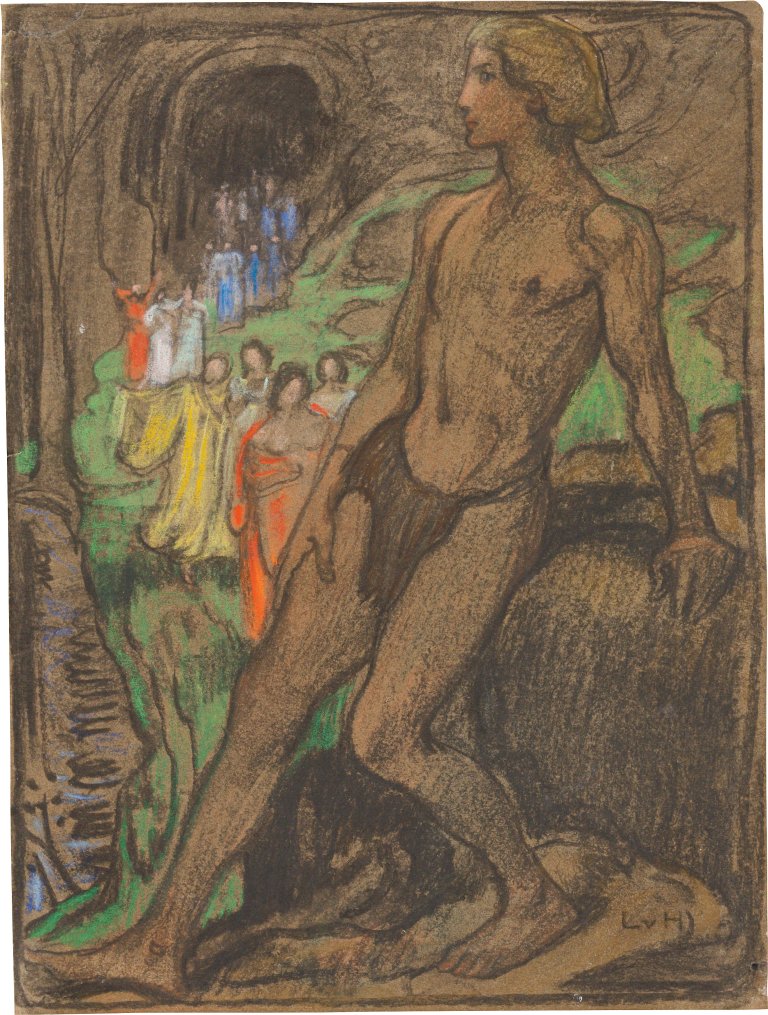 Auf diesem Bild ist das folgende Kunstwerk zu sehen: Ludwig von Hofmann. Der Waldmensch (Zug der Frauen). Um 1900.