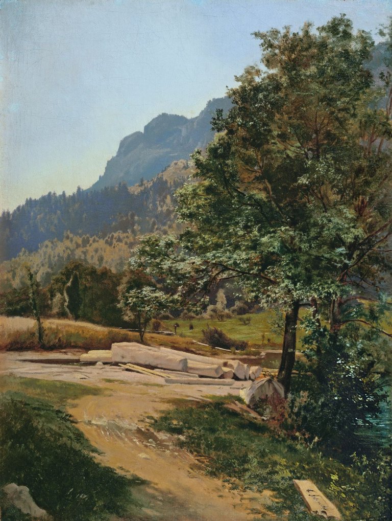 Auf diesem Bild ist das folgende Kunstwerk zu sehen: Carl Schuch. „Wald mit gefällten Bäumen“. 1868.