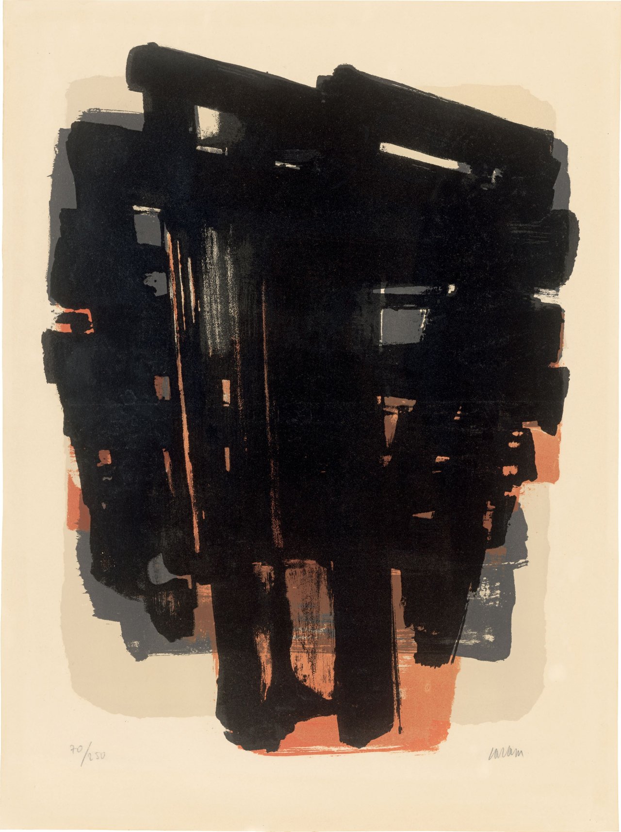 Auf diesem Bild ist das folgende Kunstwerk zu sehen: Pierre Soulages. „Lithographie No. 8“. 1958.