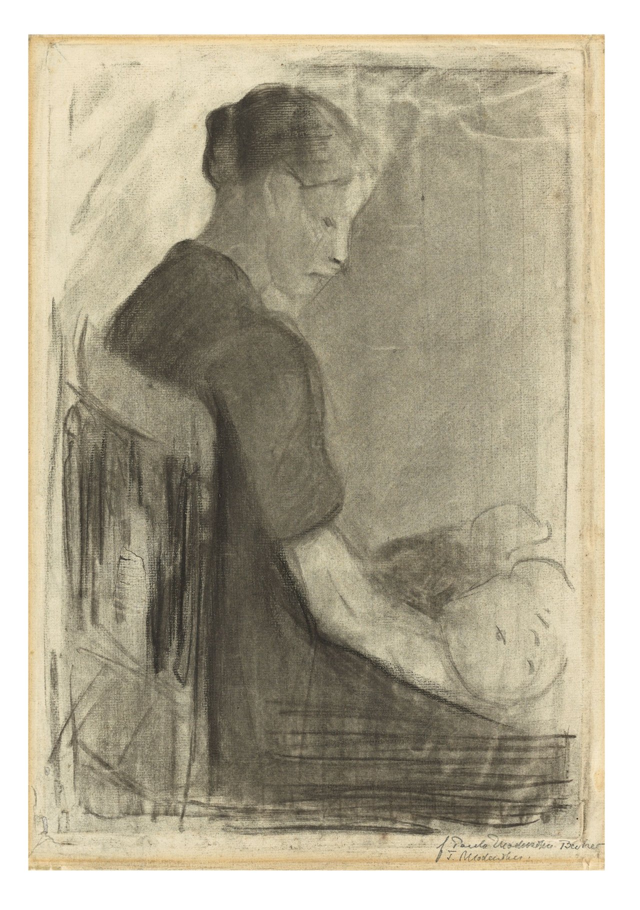 Auf diesem Bild ist das folgende Kunstwerk zu sehen: Paula Modersohn-Becker. „Sitzende Frau mit Kind auf dem Schoß“. Um 1898.