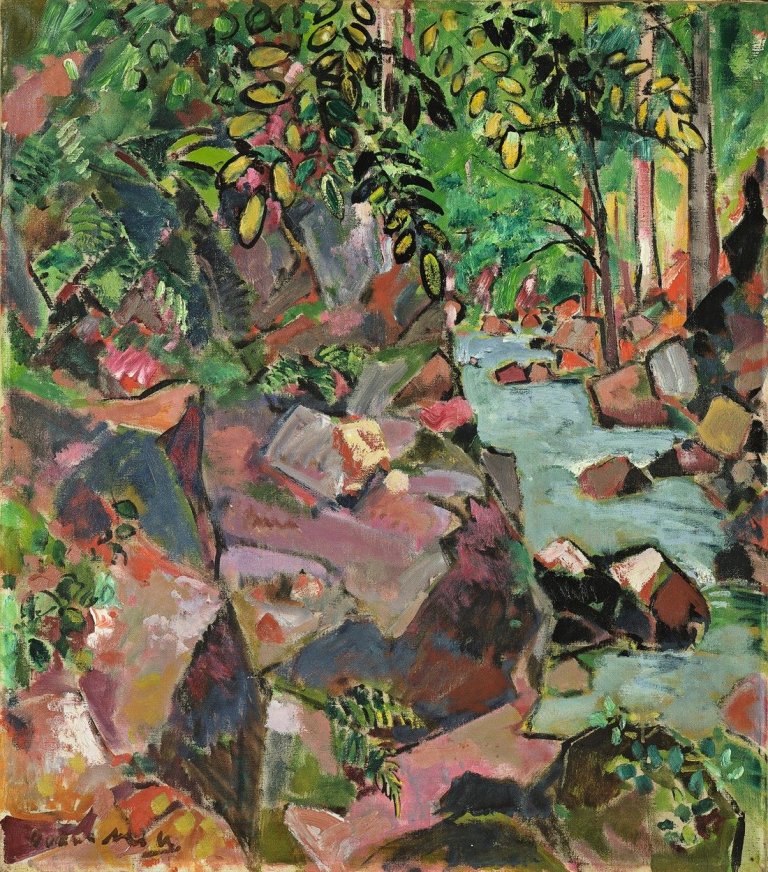 Auf diesem Bild ist das folgende Kunstwerk zu sehen: Oskar Moll. „Felsen am Bach“. Um 1919.