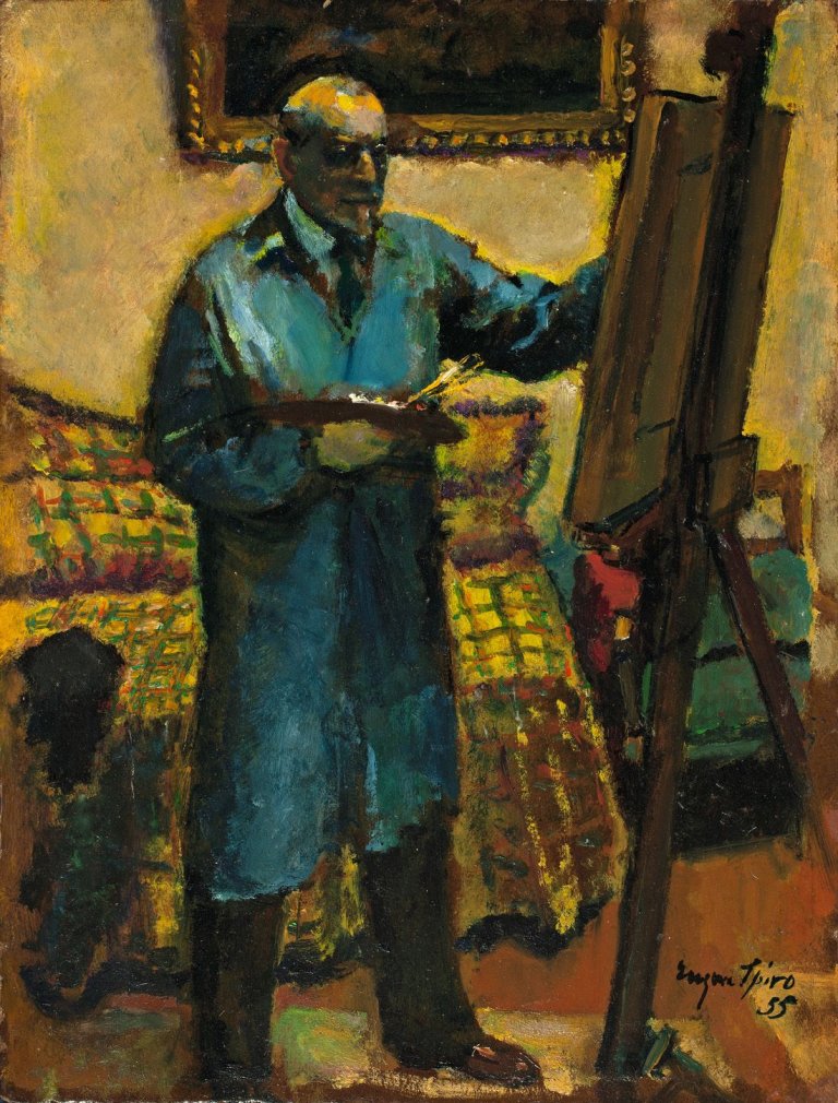 Auf diesem Bild ist das folgende Kunstwerk zu sehen: Eugen Spiro. „Selbstporträt an der Staffelei“. 1955.