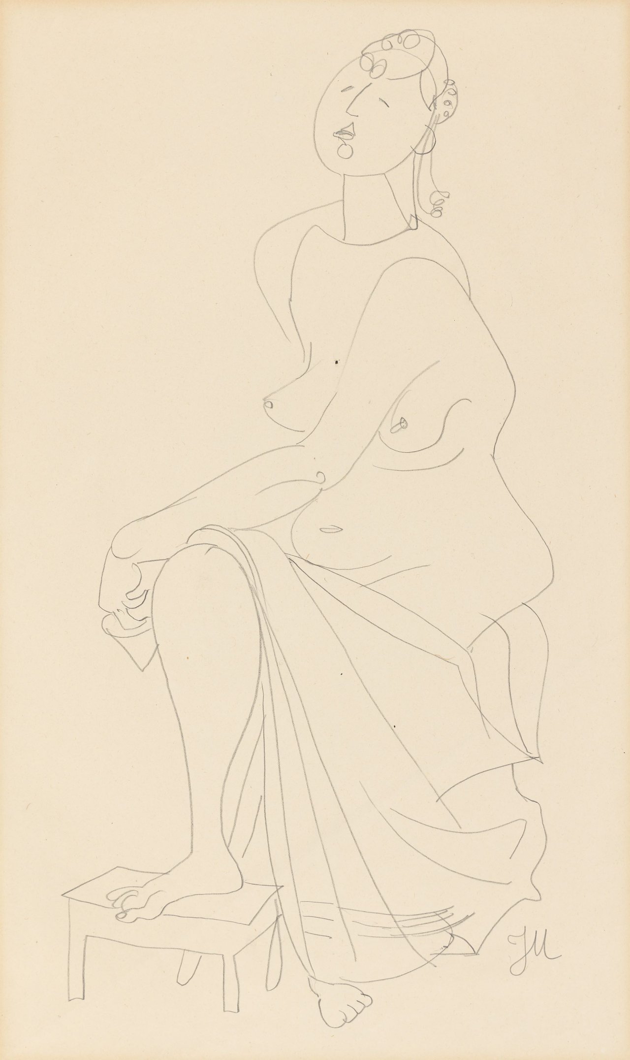 Auf diesem Bild ist das folgende Kunstwerk zu sehen: Jeanne Mammen. Weiblicher Akt mit Tuch. Um 1940.