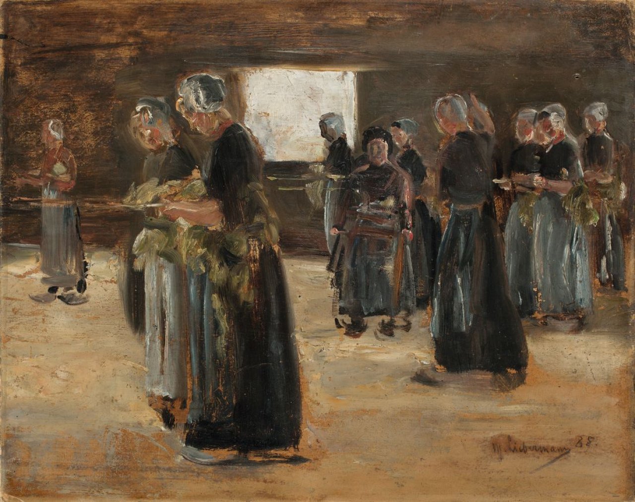 Auf diesem Bild ist das folgende Kunstwerk zu sehen: Max Liebermann. „Kompositionsstudie zur ’Flachsscheuer in Laren‘“. 1886.