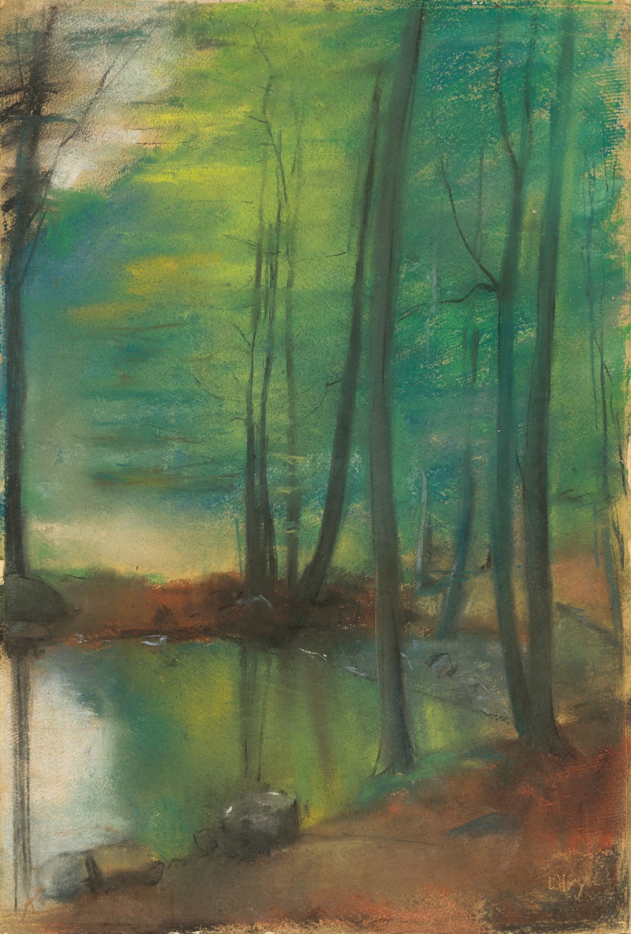 Auf diesem Bild ist das folgende Kunstwerk zu sehen: Lesser Ury. „Buchenwald mit Bach“. 1890er-Jahre.