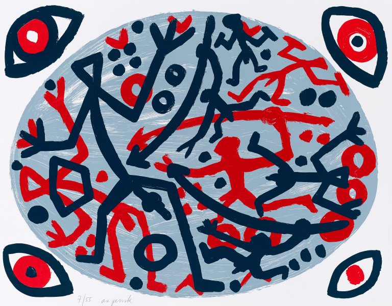 Auf diesem Bild ist das folgende Kunstwerk zu sehen: A.R. Penck. Augen und Jäger / Schwarzes Pferd. 1990.