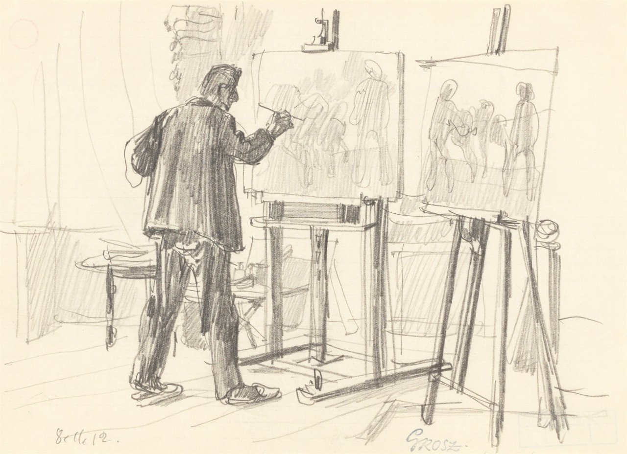 Auf diesem Bild ist das folgende Kunstwerk zu sehen: George Grosz. Der Maler in seinem Atelier. 1912.