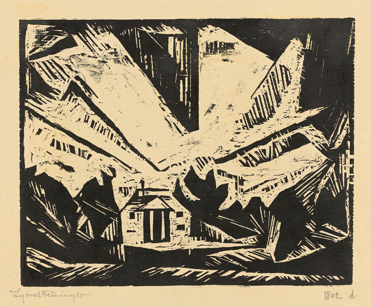 Auf diesem Bild ist das folgende Kunstwerk zu sehen: Lyonel Feininger. „Villa am Strande“. 1918.