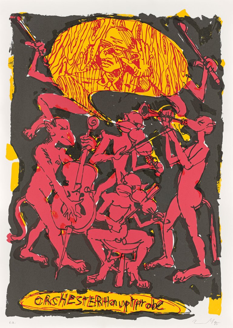 Auf diesem Bild ist das folgende Kunstwerk zu sehen: Jörg Immendorff. „Orchesterhauptprobe“. 1995.