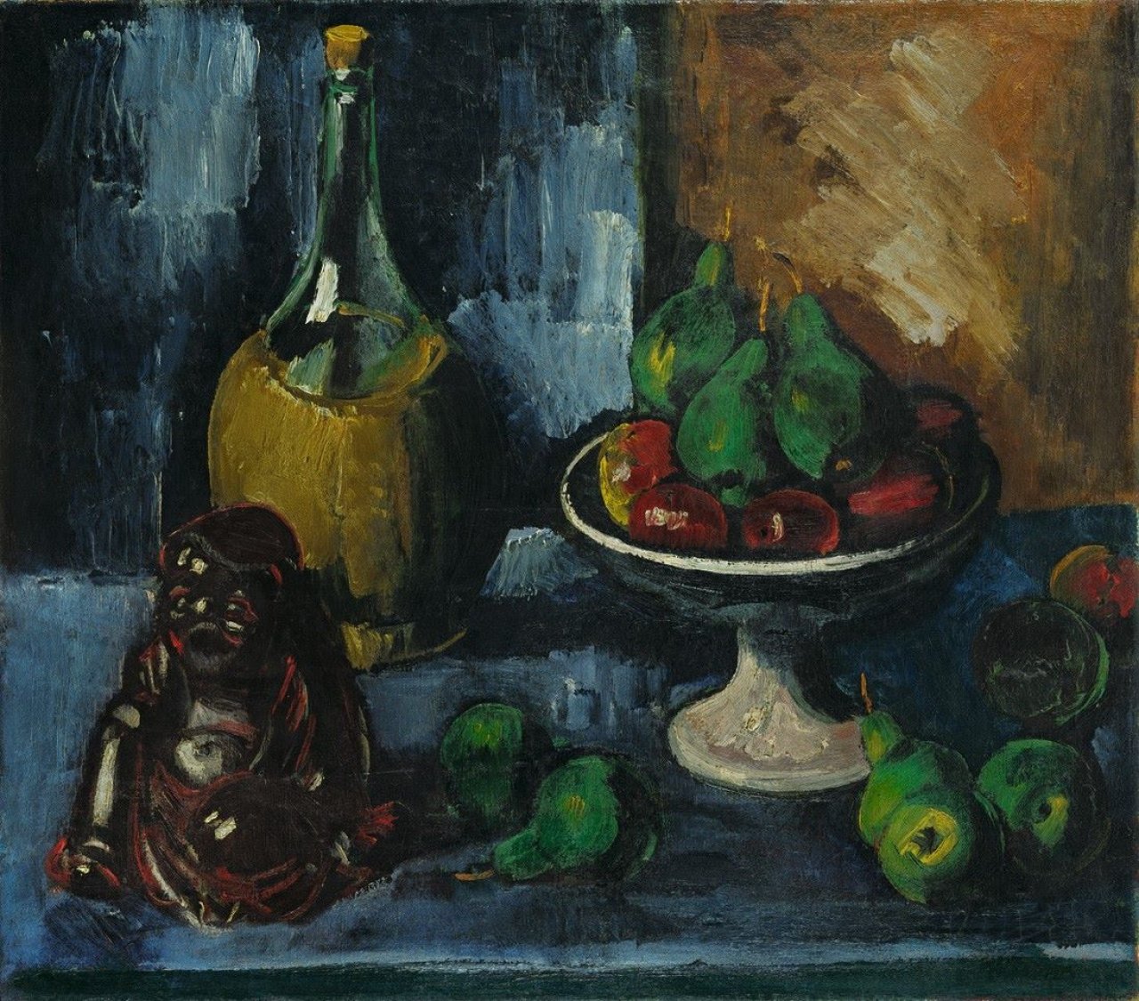 Auf diesem Bild ist das folgende Kunstwerk zu sehen: Max Pechstein. „Stilleben mit Buddha und Obstschale“. 1923.