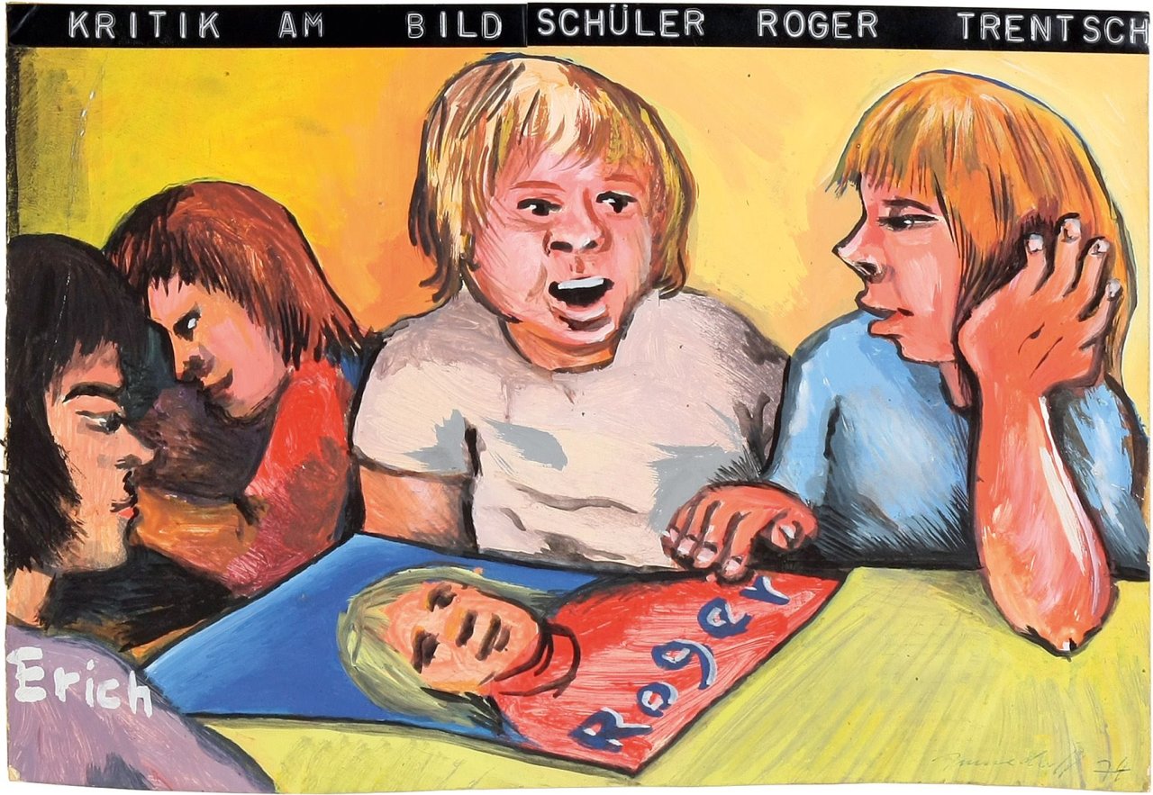 Auf diesem Bild ist das folgende Kunstwerk zu sehen: Jörg Immendorff. Kritik am Bild - Schüler Roger Trentsch. 1974.