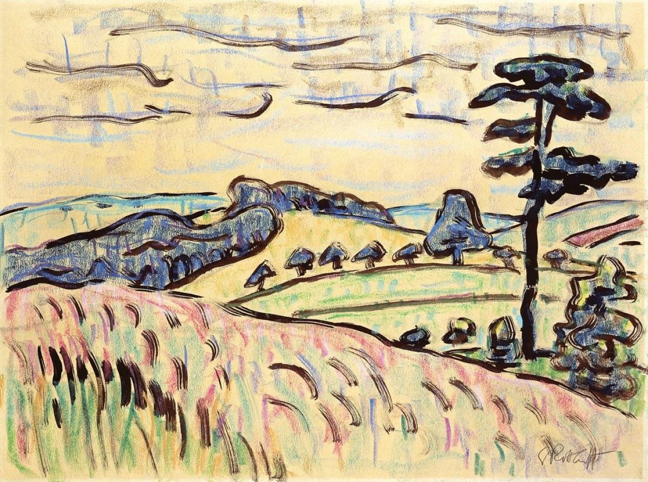 Auf diesem Bild ist das folgende Kunstwerk zu sehen: Karl Schmidt-Rottluff. Taunuslandschaft. Um 1951.