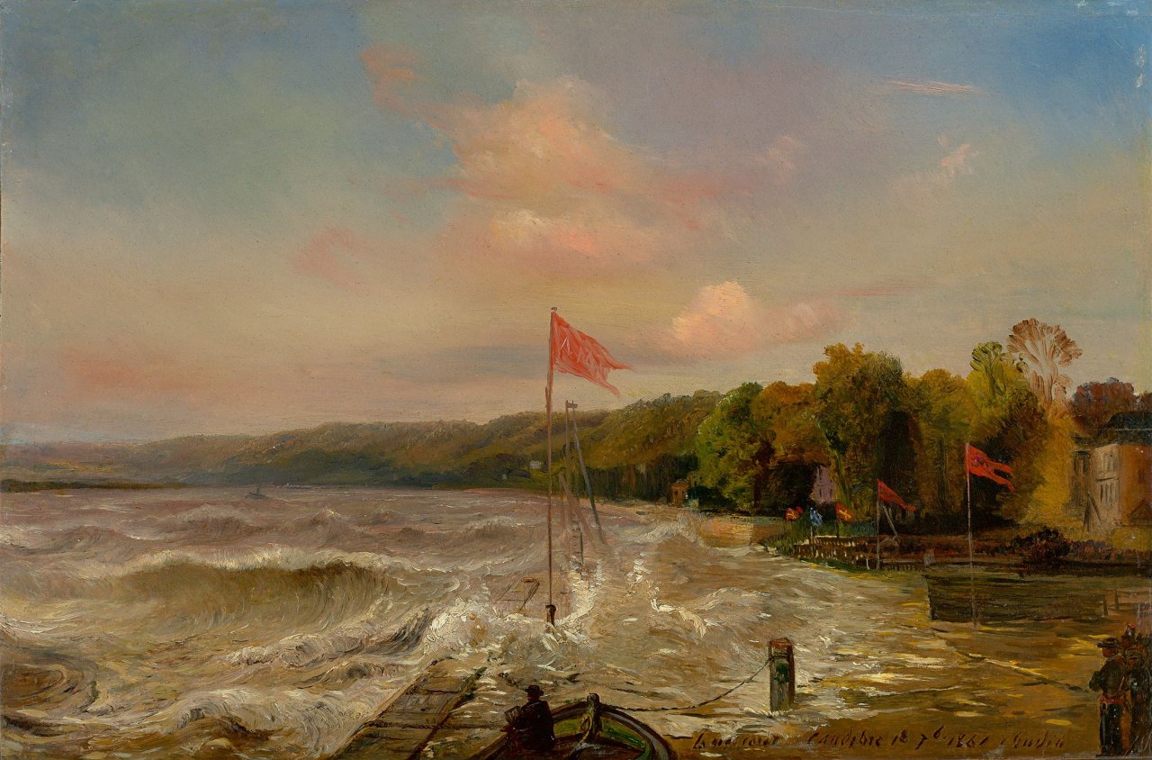 Auf diesem Bild ist das folgende Kunstwerk zu sehen: Théodore Gudin. Die Gezeitenwelle in Caudebec in der Normandie. 1861.