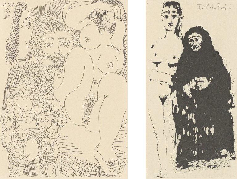 Auf diesem Bild ist das folgende Kunstwerk zu sehen: Pablo Picasso. „Jeune Courtisane avec un gentilhomme, un sculpteur, et un vieillard alléché“ / „Maja et Célestine“. 1968/79.