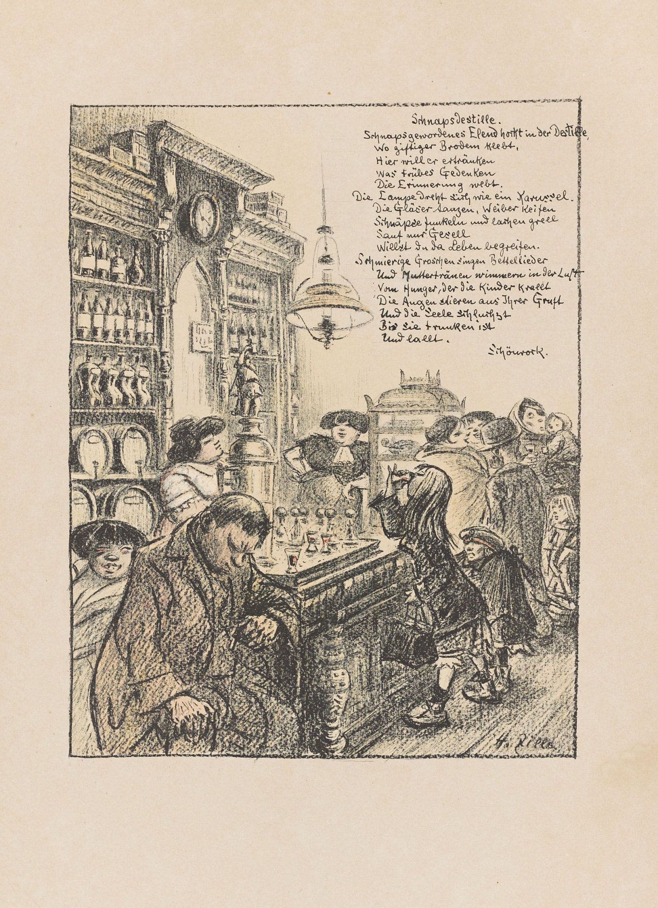 Auf diesem Bild ist das folgende Kunstwerk zu sehen: Heinrich Zille. „Schnapsdestille“. 1916.