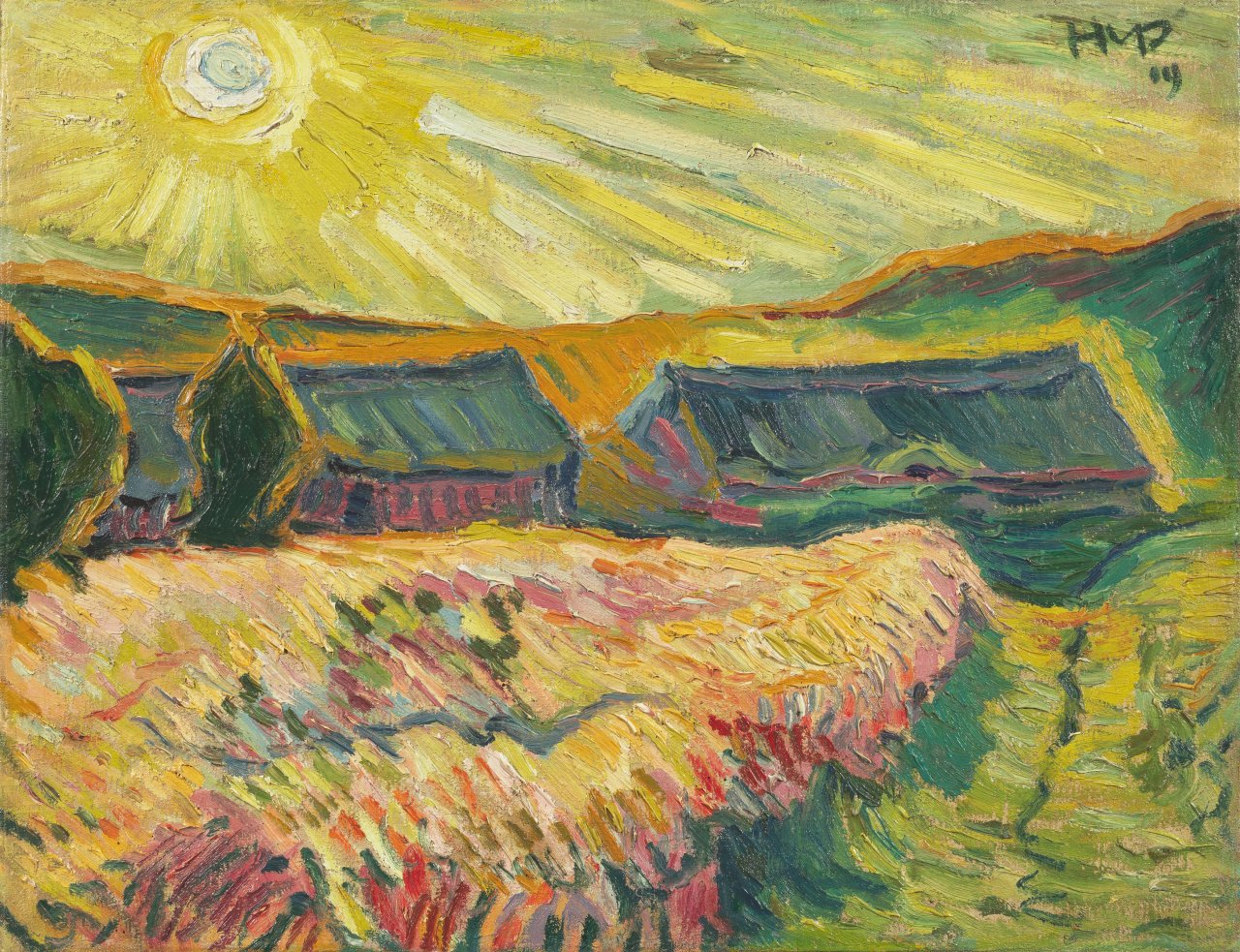 Auf diesem Bild ist das folgende Kunstwerk zu sehen: Max Pechstein. „Fischerhäuser in Nidden“. 1909.