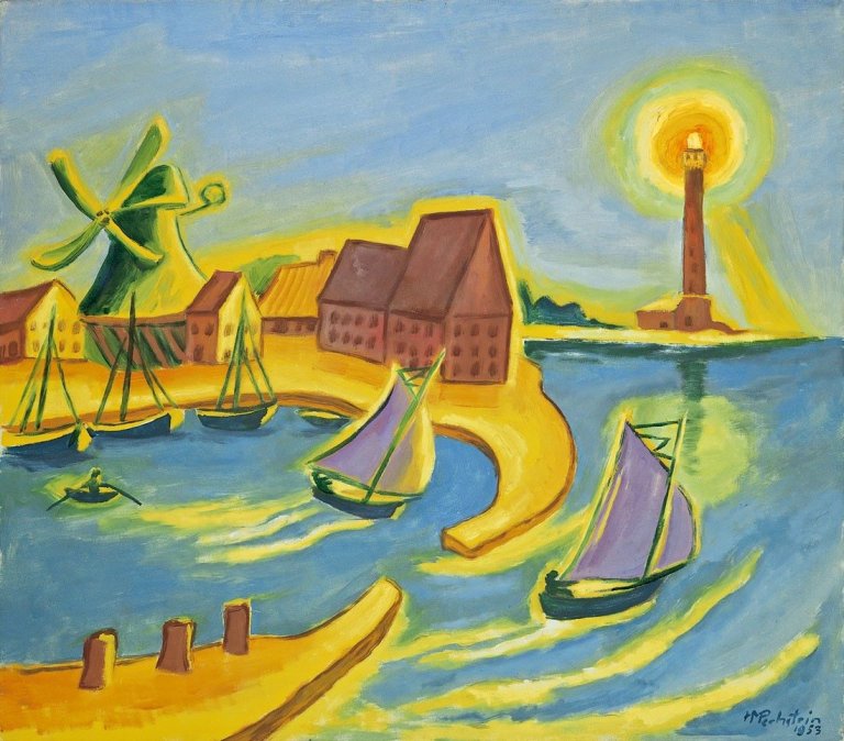 Auf diesem Bild ist das folgende Kunstwerk zu sehen: Max Pechstein. „Fischerhafen auf Fehmarn“. 1953.