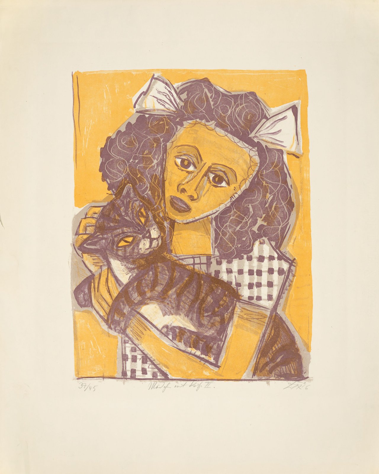Auf diesem Bild ist das folgende Kunstwerk zu sehen: Otto Dix. „Mädchen mit Katze II“. 1956.