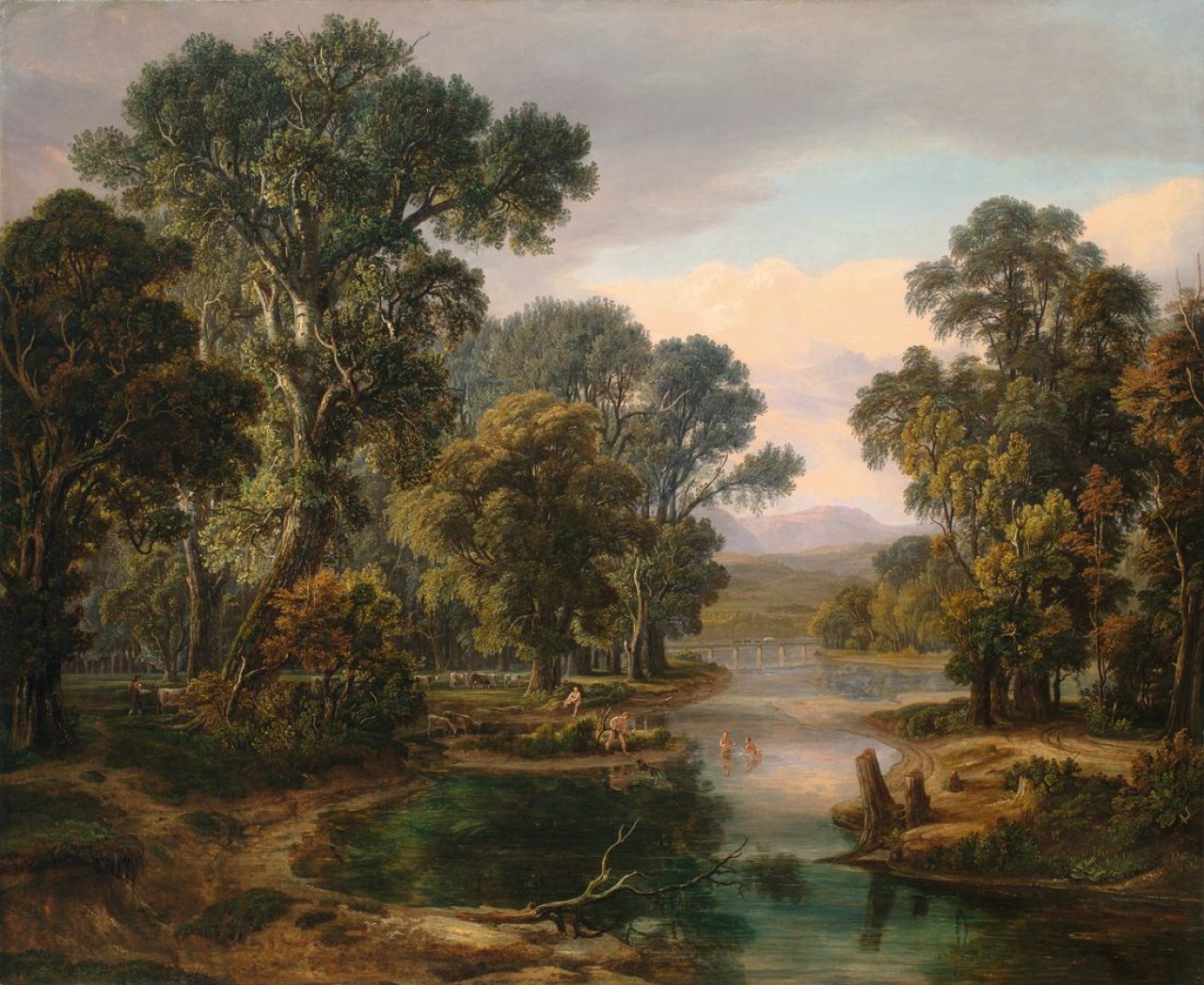 Auf diesem Bild ist das folgende Kunstwerk zu sehen:  Deutsch, um 1800. Landschaft mit Badenden.