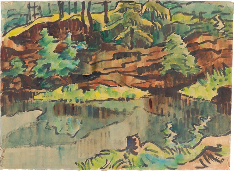 Auf diesem Bild ist das folgende Kunstwerk zu sehen: Karl Schmidt-Rottluff. Steinbruch mit Wassertümpel. Um 1943/46.