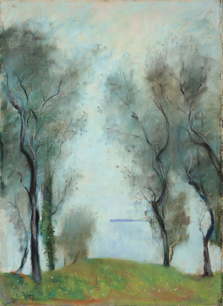 Auf diesem Bild ist das folgende Kunstwerk zu sehen: Lesser Ury. „Olivenbäume an einem See (Gardasee?)“. 1890er Jahre.