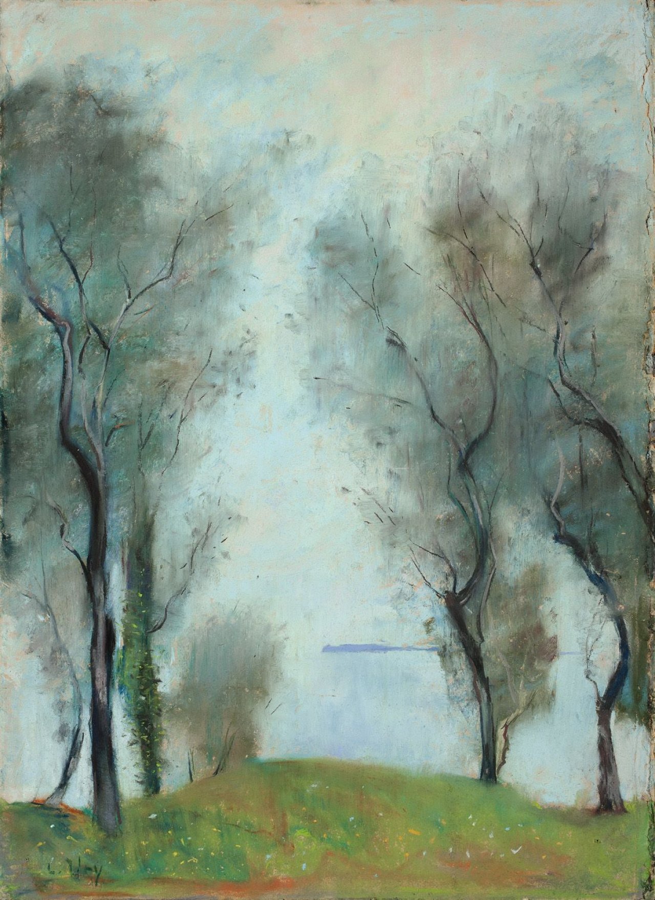 Auf diesem Bild ist das folgende Kunstwerk zu sehen: Lesser Ury. „Olivenbäume an einem See (Gardasee?)“. 1890er Jahre.