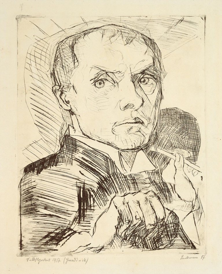 Auf diesem Bild ist das folgende Kunstwerk zu sehen: Max Beckmann. „Selbstbildnis mit Griffel“. 1916/17.