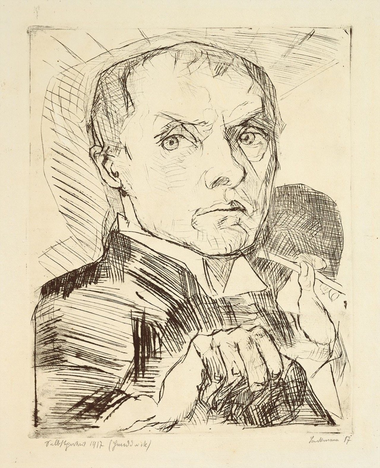 Auf diesem Bild ist das folgende Kunstwerk zu sehen: Max Beckmann. „Selbstbildnis mit Griffel“. 1916/17.