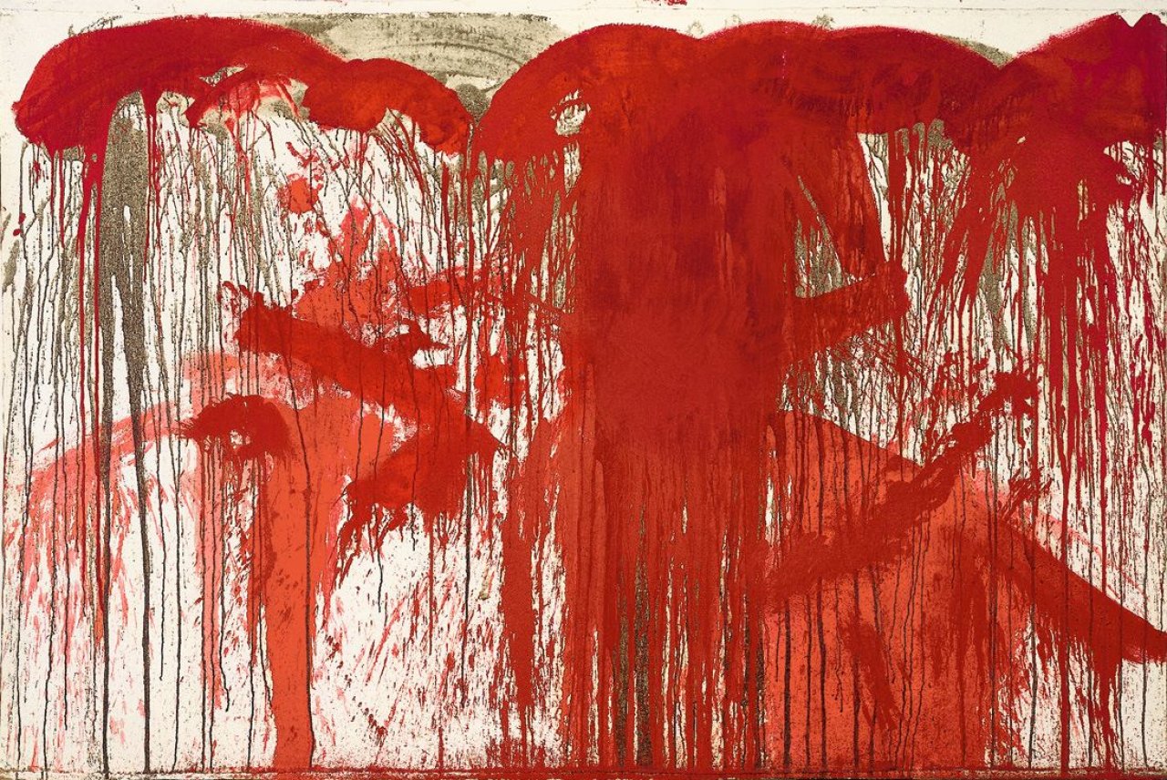 Auf diesem Bild ist das folgende Kunstwerk zu sehen: Hermann Nitsch. Schüttbild. 1986.