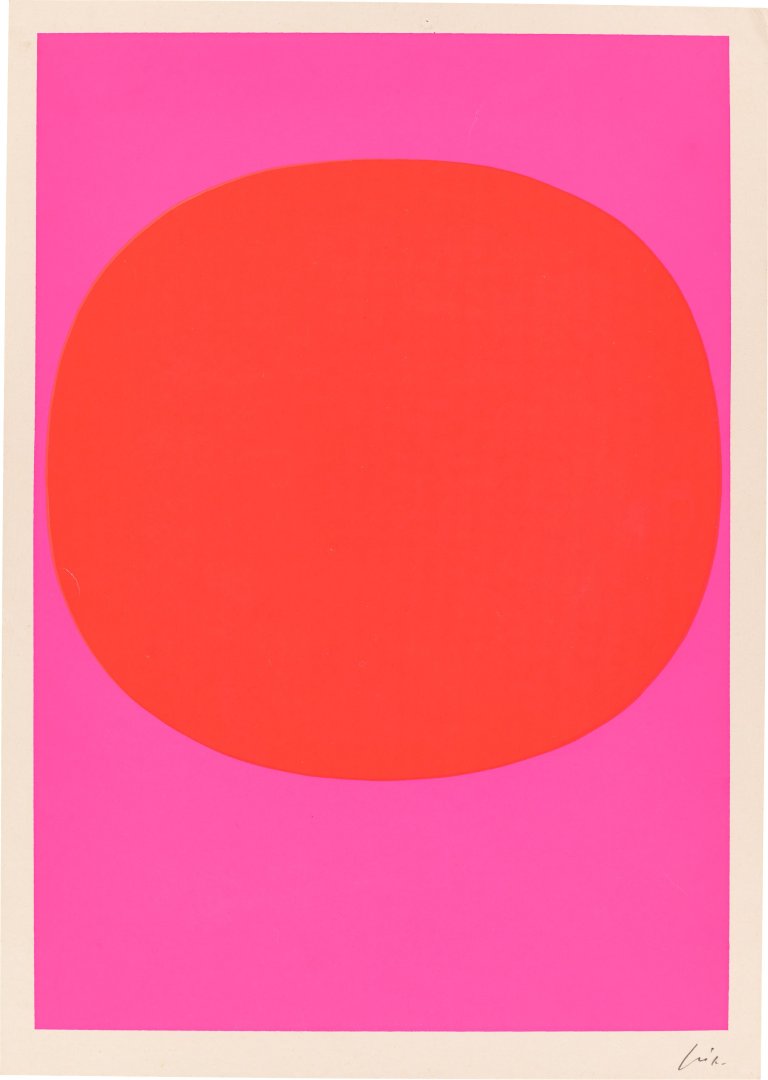 Auf diesem Bild ist das folgende Kunstwerk zu sehen: Rupprecht Geiger. „Variation Runde Farbe III / leuchtrot warm auf leuchtrot kalt“. 1968.