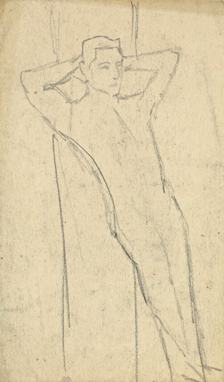 Auf diesem Bild ist das folgende Kunstwerk zu sehen: August Macke. „Angelehnt stehender männlicher Akt am Baumstamm“. 1902.