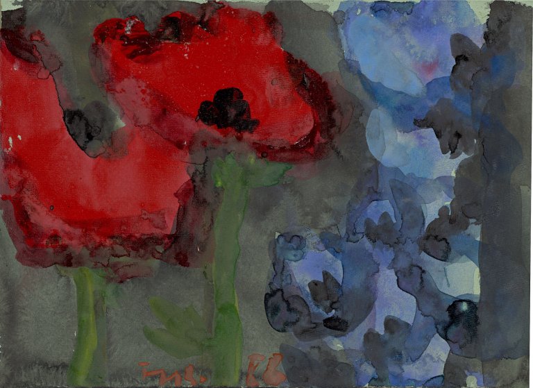 Auf diesem Bild ist das folgende Kunstwerk zu sehen: Klaus Fußmann. Mohn und Rittersporn. 1986.