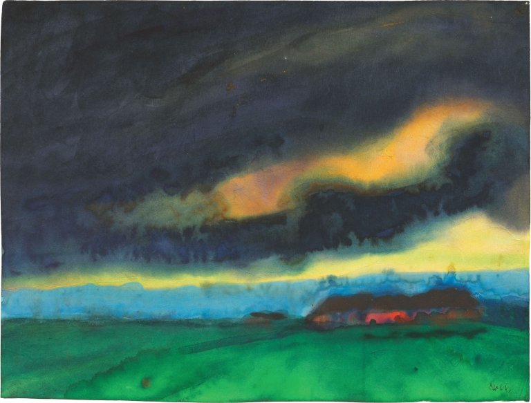 This picture shows the following artwork: Emil Nolde. ”Marschlandschaft mit Bauernhof”.