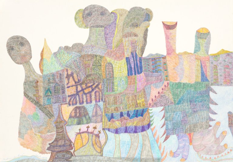 Auf diesem Bild ist das folgende Kunstwerk zu sehen:  Ursula (Schultze-Bluhm). „Stadt aus der Ferne“. 1991.