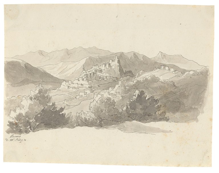 Auf diesem Bild ist das folgende Kunstwerk zu sehen:  Deutsch, um 1830. Blick auf Olevano.
