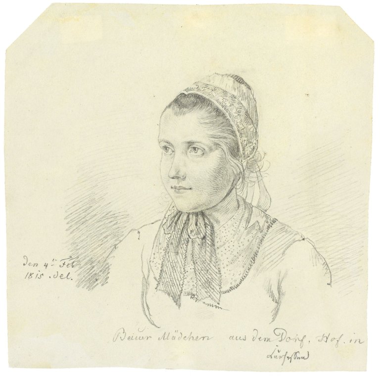 Auf diesem Bild ist das folgende Kunstwerk zu sehen: Ludwig Emil Grimm. „Bauernmädchen aus Hof bei Kassel“. 1815.