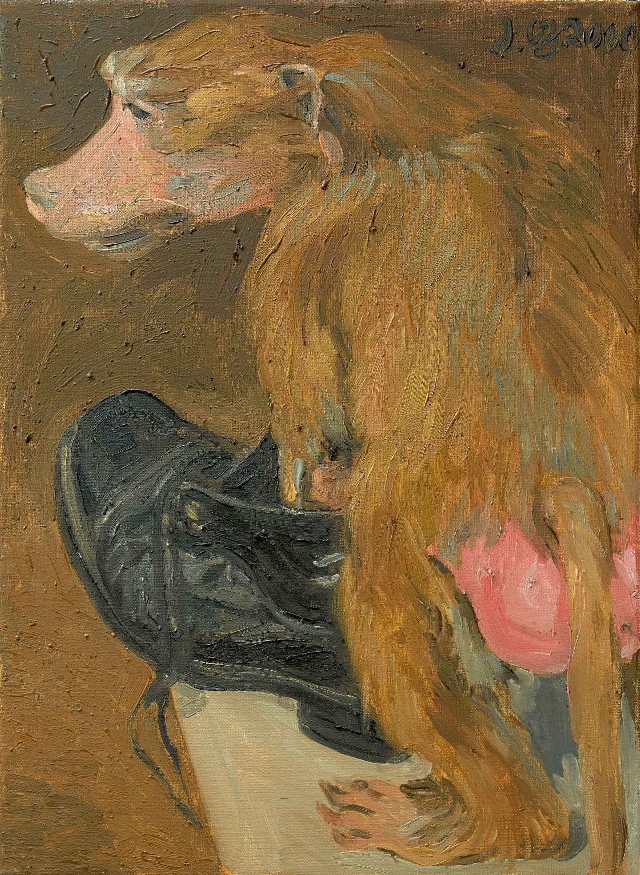 Auf diesem Bild ist das folgende Kunstwerk zu sehen: Johannes Grützke. Pavianweibchen mit schwarzem Herrenschuh von hinten. 2000.