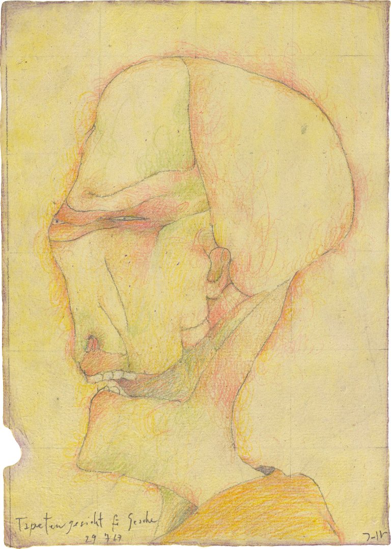 Auf diesem Bild ist das folgende Kunstwerk zu sehen: Horst Janssen. „Tapetengesicht für Gesche“. 1967.