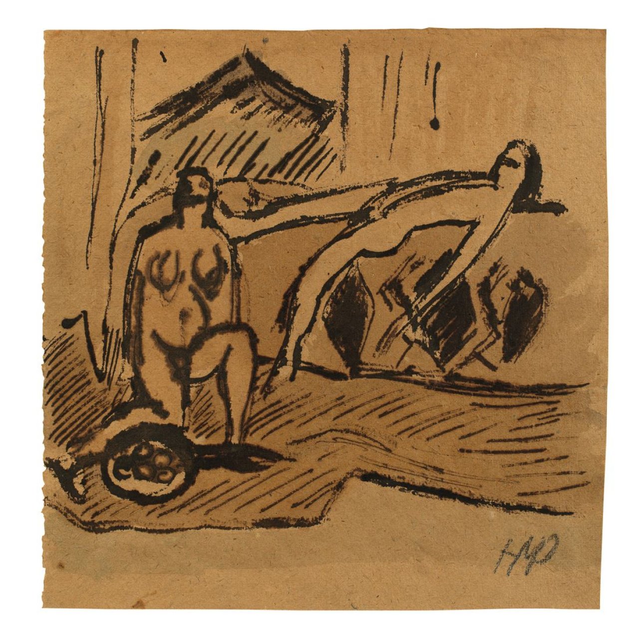 Auf diesem Bild ist das folgende Kunstwerk zu sehen: Max Pechstein. Zwei Akte im Atelier. Um 1910.