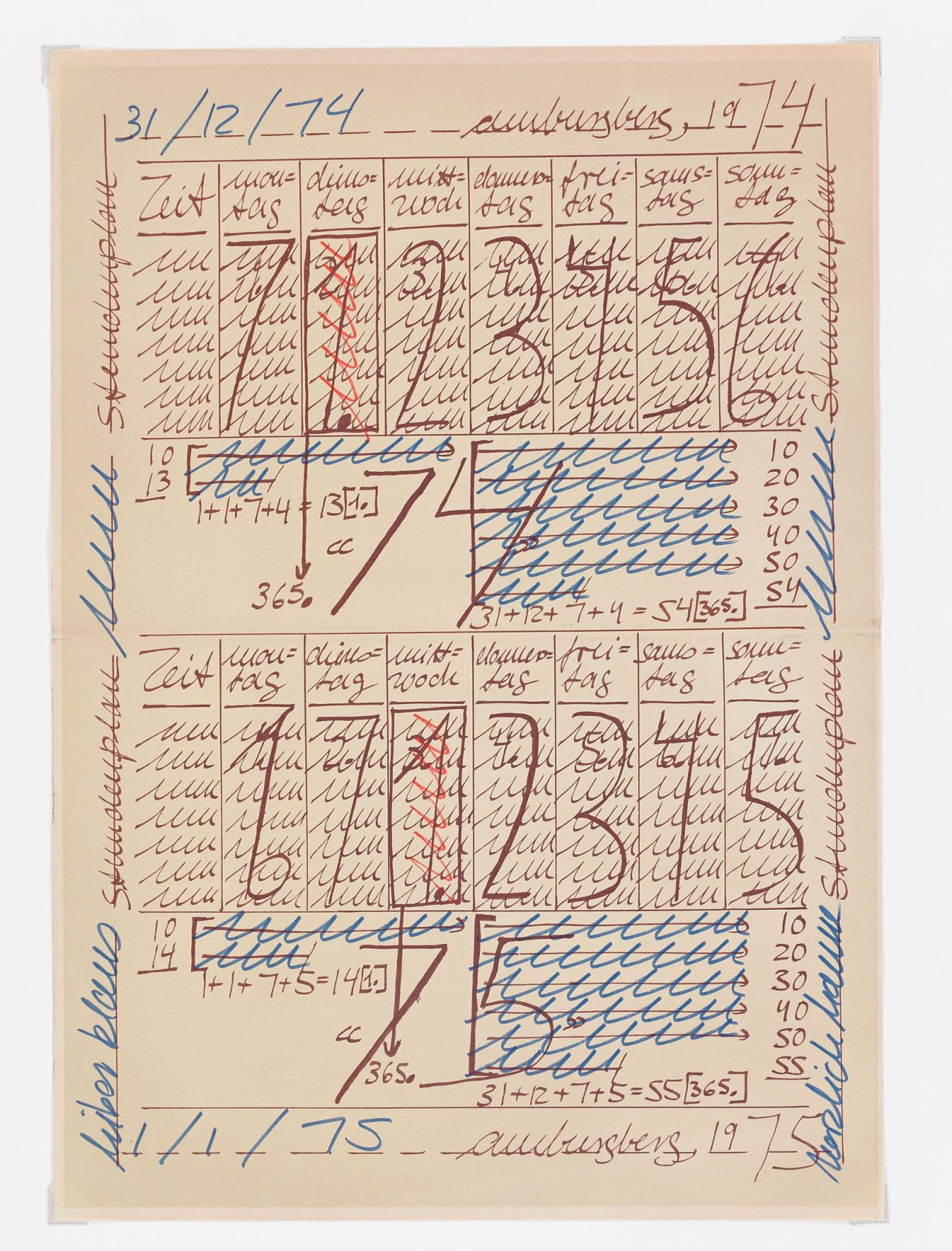 Auf diesem Bild ist das folgende Kunstwerk zu sehen: Hanne Darboven. Stundenplan. 31.12.74-1.1.75.