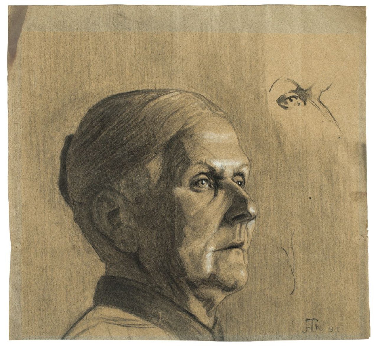 Auf diesem Bild ist das folgende Kunstwerk zu sehen: Hans Thoma. Kopf einer alten Frau (Studienblatt). Um 1897.